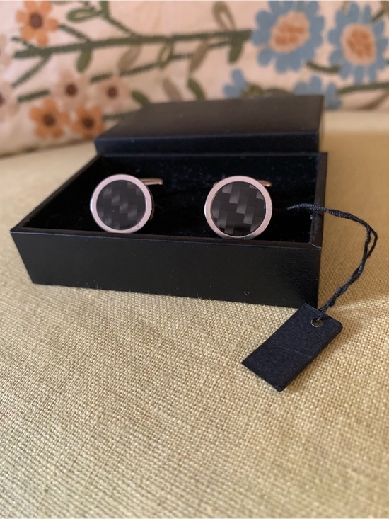 HUGO Other - HUGO BOSS Mens  Round Black Carbon Fiber Cufflinks with Silver Trim- NEW IN BOX